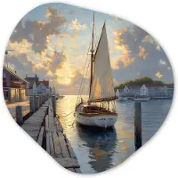 MuchoWow Organische wanddecoratie 40x40 cm - Organisch schilderij Zeilboot - Zon - Pier - Hout - Muurdecoratie woonkamer - Kamer decoratie - Schilderijen - Muurcirkel aesthetic