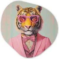 MuchoWow Organische wanddecoratie 40x40 cm - Organisch schilderij Tijger - Strik - Jasje - Roze - Muurdecoratie woonkamer - Kamer decoratie - Schilderijen - Muurcirkel aesthetic