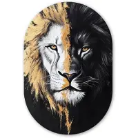 MuchoWow Muurovaal 80x120 cm - Ovale wanddecoratie Leeuw - Gesplitst - Zwart - Lijn - Ovalen schilderij - Muurdecoratie woonkamer - Kamer decoratie - Schilderijen - Wandcirkel