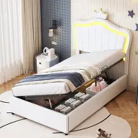 Merax Gestoffeerd bed - kinderbed 90x200 cm - kroondesign - met LED-verlichting met opbergruimte - in hoogte verstelbaar hoofdeinde - wit - zonder matras