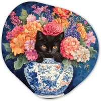 MuchoWow Organische wanddecoratie 60x60 cm - Organisch schilderij Kat - Felgekleurde bloemen - Vaas - Muurdecoratie woonkamer - Kamer decoratie - Schilderijen - Muurcirkel aesthetic