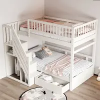 Merax Stapelbed 90x200 cm met veiligheidsleuning - veiligheidsladder met opbergruimte - met opberglades - kinderbed - wit - zonder matras