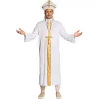 Partychimp Priester Kostuum 3-Delig Gewaad, Mijter & Kruis Verkleedkleren Volwassenen Carnavalskleding Halloween Paus Compleet Kostuum Bisschop Halloween Kostuum Volwassenen - Wit/Goud - One Size