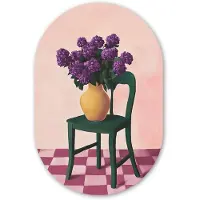 MuchoWow Muurovaal 80x120 cm - Ovale wanddecoratie Stoel - Vaas - Bloemen - Geblokt - Ovalen schilderij - Muurdecoratie woonkamer - Kamer decoratie - Schilderijen - Wandcirkel