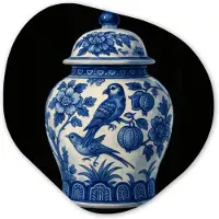 MuchoWow Organische wanddecoratie 90x90 cm - Organisch schilderij Pot - Delfts Blauw - Bloemen - Muurdecoratie woonkamer - Kamer decoratie - Schilderijen - Muurcirkel aesthetic