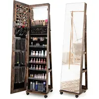 Costway Sieradenkast met wieltjes, spiegelkast, afsluitbaar met ledlampen en verstelbare planken, staande spiegel, sieradenrek, full-body-spiegel, voor kettingen, oorbellen, make-up, rustiek bruin