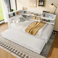 Merax Slaapbank 90x200cm - hoofdeinde met opbergvak - uitschuifbaar bed - zonder matras - wit