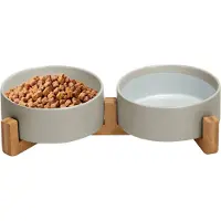 Jake and Jacky Jake en Jacky Voerbak Hond en Kat Keramiek - Dubbele Voerbakken met Standaard - Drinkbak - 2x 800 mL - Grijs