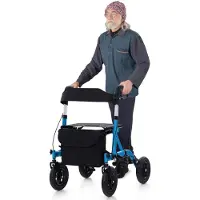 Costway Rollator met luchtbanden, opvouwbaar en licht, met zitting, aluminium, tot 160 kg, 2-in-1 rolstoel & reisrollator, loophulp, 6-voudig in hoogte verstelbaar, loopwagen met tas en stokhouder