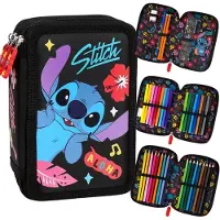 St. Majewski DISNEY Stitch ALOHA Zwart pennenetui met drie vakken en accessoires-43 items, 3 sloten 12,5 x 19,5 x 6,5 cm