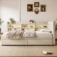 Merax Slaapbank 90x200 cm met 2 lades met USB Type-C - meerdere opbergvakken - zonder matras - beige
