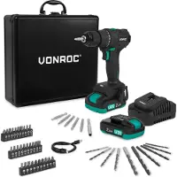 Vonroc PRO Accuboormachine 20V – Brushless motor – 40Nm | Incl. 2x 2.0Ah accu, snellader en 46 acces-soires in luxe koffer