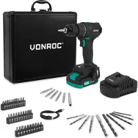 Vonroc PRO Accuboormachine 20V – Brushless motor – 40Nm | Incl. 2.0Ah accu, snellader en 46 accessoires in luxe koffer