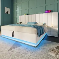 Merax Gestoffeerd bed 160x200 cm - tweepersoonsbed met opbergruimte met LED-verlichting en opladen via USB-C - PU - wit - zonder matras en nachtkastje