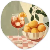 MuchoWow Organische wanddecoratie 40x40 cm - Organisch schilderij Citroenen - Glas - Tafelkleed - Geblokt - Muurdecoratie woonkamer - Kamer decoratie - Schilderijen - Muurcirkel aesthetic