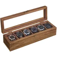 Songmics Horlogedoos 6 vakken van massief hout met walnootkleurige glazen deksel