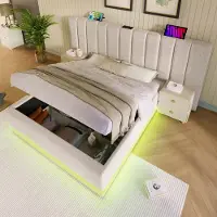 Merax Gestoffeerd bed 180x200 cm - tweepersoonsbed met opbergruimte met LED-verlichting en opladen via USB-C - linnengoed - beige - zonder matras en nachtkastje