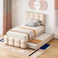 Merax Gestoffeerd bed 90 x 200 cm - uitschuifbaar bed - verstelbaar hoofdeinde - eenpersoonsbed - beige - zonder matras