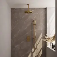 Brauer Stripe Thermostatische Inbouw Regendouche Rechthoekig - 20cm Plafondbuis - Staafhanddouche - Glijstang - Geborsteld Goud PVD - Messing - Kranen, Douchekranen, Douchesets, Inbouw douchesets
