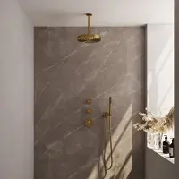 Brauer Stripe Inbouw Regendoucheset Met 2 Stopkranen - 20cm Plafondbuis - Staafhanddouche - Wandhouder - Geborsteld Goud PVD - Messing - Kranen, - Kranen, Douchekranen, Douchesets, Inbouw douchesets
