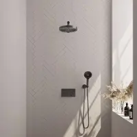 Brauer Stripe Inbouw Regendoucheset Met Drukknoppen - Rechte Wandarm - 3-standen Handdouche - Wandhouder - Geborsteld Gunmetal PVD - Messing - Kranen, - Kranen, Douchekranen, Douchesets, Inbouw