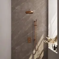 Brauer Stripe Thermostatische Inbouw Regendouche Rechthoekig - Gebogen Wandarm - Staafhanddouche - Glijstang - Geborsteld Koper PVD - Messing - Kranen, Douchekranen, Douchesets, Inbouw douchesets