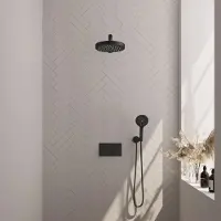 Brauer Stripe Inbouw Regendoucheset Met Drukknoppen - Rechte Wandarm - 3-standen Handdouche - Wandhouder - Mat Zwart - Messing - Kranen, Douchekranen, - Kranen, Douchekranen, Douchesets, Inbouw