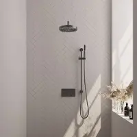 Brauer Stripe Inbouw Regendoucheset Met Drukknoppen - Gebogen Wandarm - Staafhanddouche - Glijstang - Geborsteld Gunmetal PVD - Messing - Kranen, - Kranen, Douchekranen, Douchesets, Inbouw douchesets