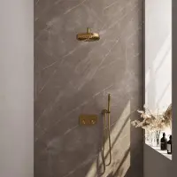 Brauer Stripe thermostatische inbouw regendouche met drukknoppen SET 26 met 25 cm douchekop en gebogen muurarm en staaf handdouche en doucheslang en wandaansluitbocht goud geborsteld PVD