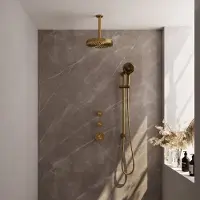 Brauer Stripe Inbouw Regendoucheset Met 2 Stopkranen - 20cm Plafondbuis - 3-standen Handdouche - Glijstang - Geborsteld Goud PVD - Messing - Kranen, - Kranen, Douchekranen, Douchesets, Inbouw