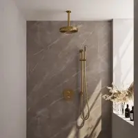 Brauer Stripe thermostatische inbouw regendouche 3-weg rond SET 45 met 25 cm douchekop en plafondarm en staaf handdouche en doucheslang en geintegreerde glijstang goud geborsteld PVD