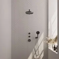 Brauer stripe thermostatische inbouw regendouche set 04 met 25 cm douchekop en rechte muurarm en 3-standen handdouche en doucheslang en