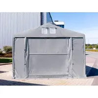 TOOLPORT Opslagtent 4x10m met ophijsbare deur - 3,0m zijwandhoogte, PVC 850, met grondframe, grijs, met statica - bodem beton