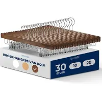 SereneLife Kledinghangers - Broekhangers - Rokhangers - 36 cm lang - Hout - Retro Bruin - Met Knijpers - Anti-Slip - 30 Stuks - Zware Kwaliteit - 360° Draaibare Haak