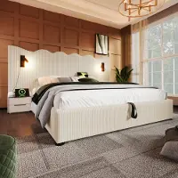 Merax Gestoffeerd bed - tweepersoonsbed 180x200 cm met leeslampje en opladen via USB Type-C - opbergen - beige - corduroy - zonder matras