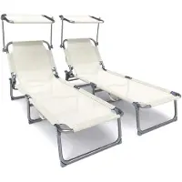 VOUNOT 2-delige set inklapbare ligbedden, tuinstoelen/strandstoelen met zonbescherming en verstelbare rugleuning, beige