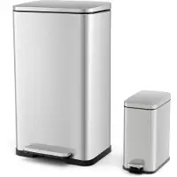 Costway Vuilnisemmer, set van 2, 40 l + 6 l, roestvrij staal, pedaalemmer met afneembare binnenemmers en soft-close deksel, keukenafvalemmer voor keuken, badkamer, kantoor, zilver