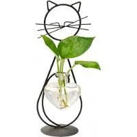 Decopatent - IJzeren Staande Poes met vaasje in hartvorm - kat - glazen vaas - vaas glas - Om bloemetjes, stekjes, droogbloemen of luchtplantjes in te zetten