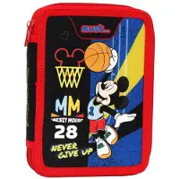 Mickey Mouse Disney Etui – Dubbelgevuld Pennenzak – 2 Ritsen – Inclusief Potloden, Stiften, Linialen & Meer – 15x21x5 cm – Polyester – Never Give Up