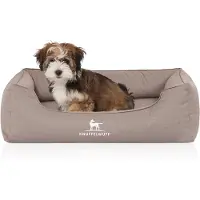 Knuffelwuff orthopedisch waterafstotend hondenbed Leon van velours met handgeweven karakter M-L 85 x 63cm beige/grijs
