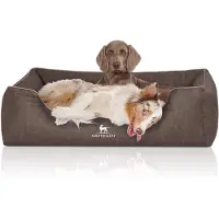 Knuffelwuff orthopedisch hondenbed Tampa van met laser gestikt kunstleer XL 105 x 75cm bruingrijs