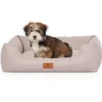 Knuffelwuff Hondenbed Emma van velours met handgeweven karakter in pastelkleuren M-L 85 x 63cm beige