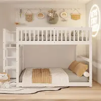 Merax Stapelbed 140 x 200 cm - veiligheidsstapelbed met opbergvak - hoog hekontwerp - houten bed - wit - zonder matras