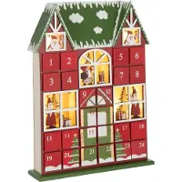 J-Line decoratie Huis Adventskalender - multiplex - kerstrood/donkergroen - LED lichtjes