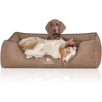 Knuffelwuff orthopedisch hondenbed Tampa van met laser gestikt kunstleer XL 105 x 75cm camel