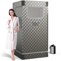 Costway Stoomsauna, thuissauna voor thuis, full-body saunabox met 3-liter stoomgenerator, afstandsbediening, voetmassageapparaat en klapstoel, draagbare saunatent 91 x 91 x 183 cm (grijs)