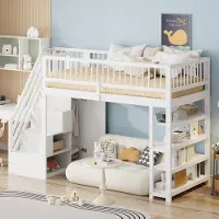 Merax Hoogslaper 90 x 200 cm - hoge schutting - met kledingkast - planken en opbergruimte met veiligheidsladder - wit - zonder matras