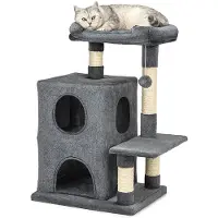 Lionto Kartonnen kraboom voor katten, 80 cm, met 2 schuilplaatsen, een ligbed en een speeltje, sisalstokken voor nagelverzorging, lichtgrijs