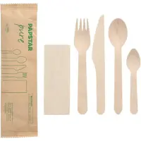 Papstar 50 Besteksets Hout pure : Messer, Gabel, Löffel, Kaffeelöffel, Serviette in Papierbeutel