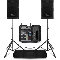 Power Dynamics Volledig PA systeem met 10 inch speakers, mixer, draadloze microfoons en statieven